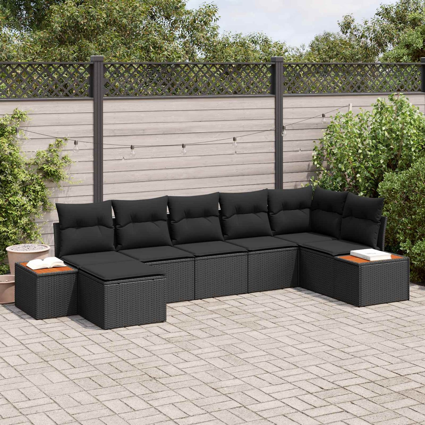 Set Divano da Giardino 8 pz 7-Numero di posti Nero Polyrattan