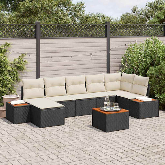 Set Divano da Giardino 8 pcs Nero e Crema Polyrattan