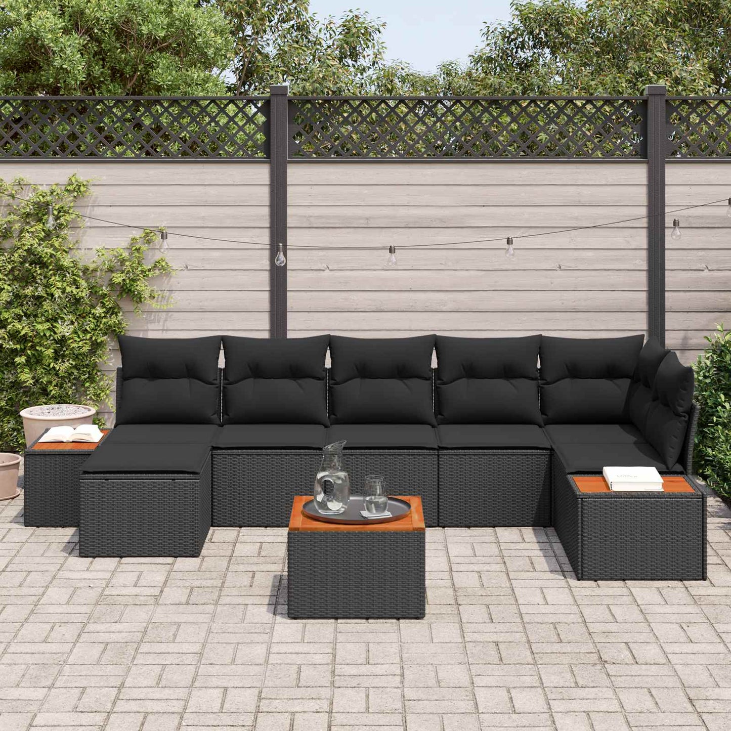 Set Divano da Giardino 8 pz 7-Numero di posti Nero Polyrattan