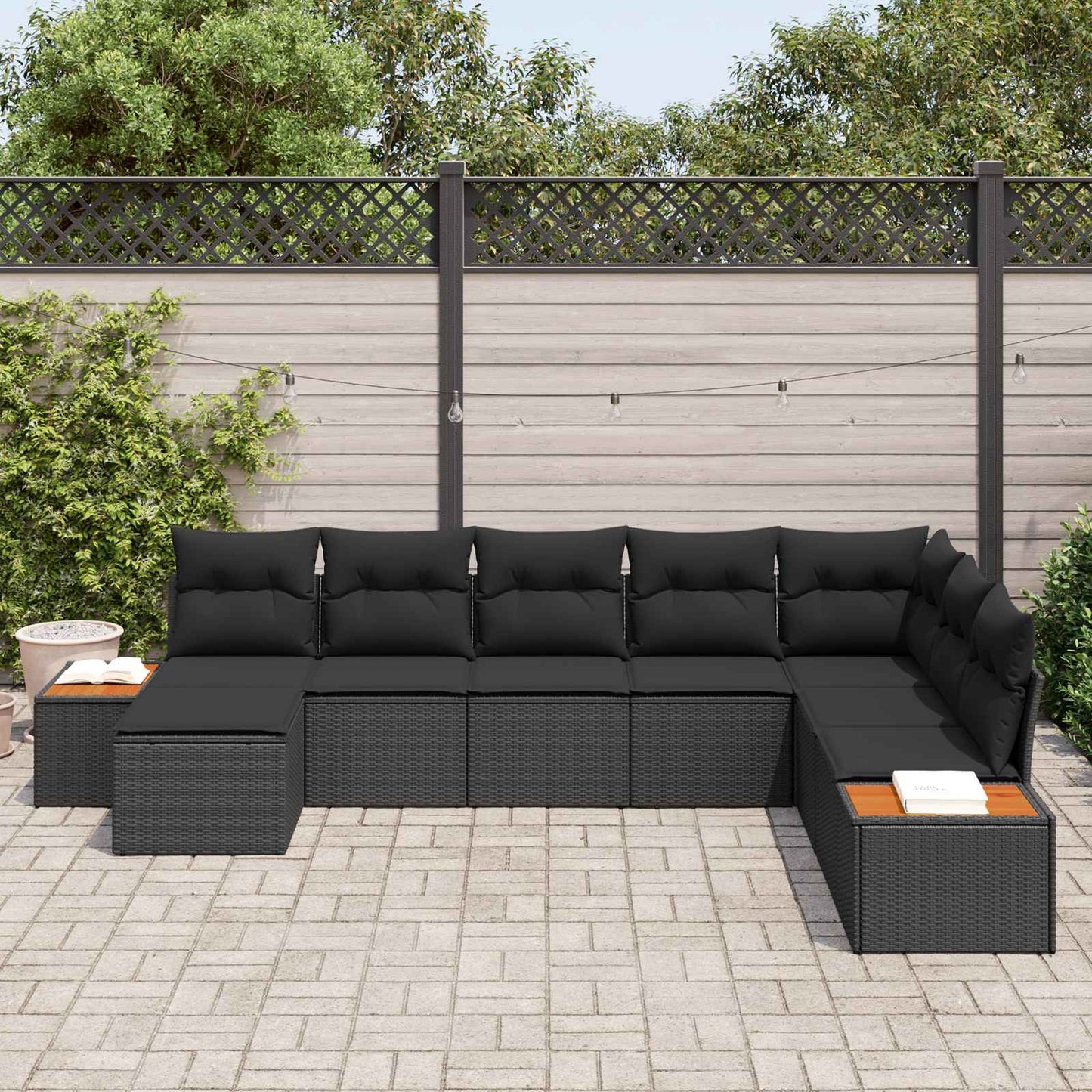 Set Divano da Giardino 9 pz 8-Numero di posti Nero Polyrattan