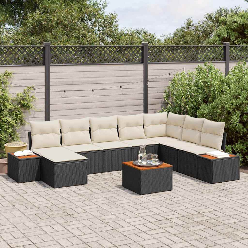 Set Divano da Giardino 9 pcs Nero e Crema Polyrattan | homemem39