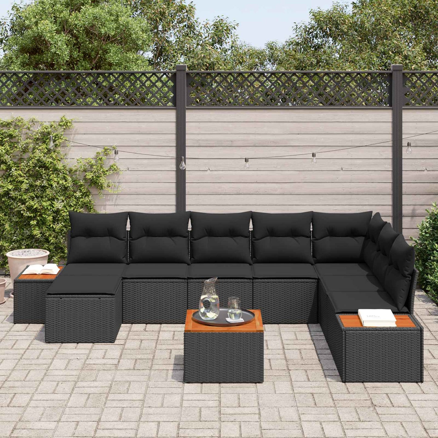Set Divano da Giardino 9 pz 8-Numero di posti Nero Polyrattan