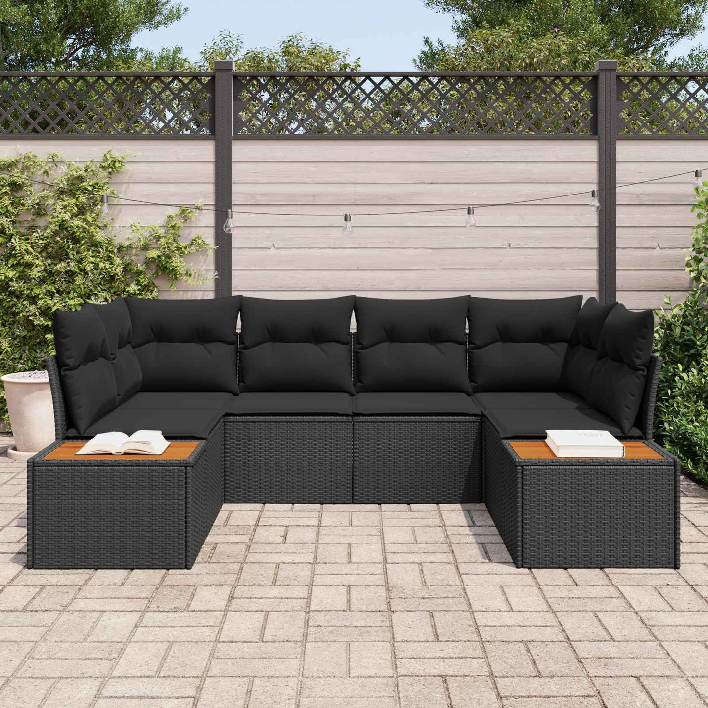 Set Divano da Giardino 6 pz 6-Numero di posti Nero Polyrattan
