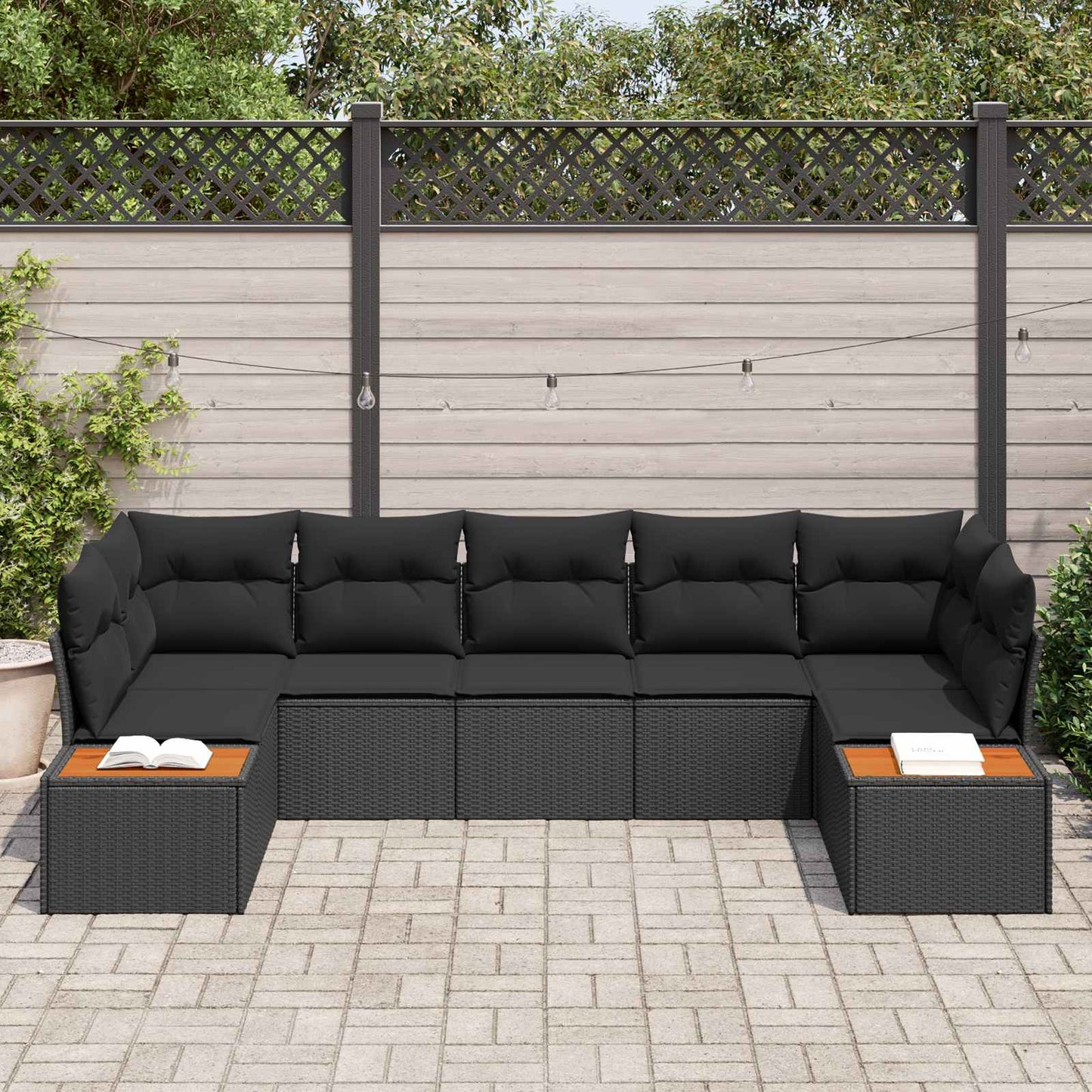 Set Divano da Giardino 7 pz 7-Numero di posti Nero Polyrattan