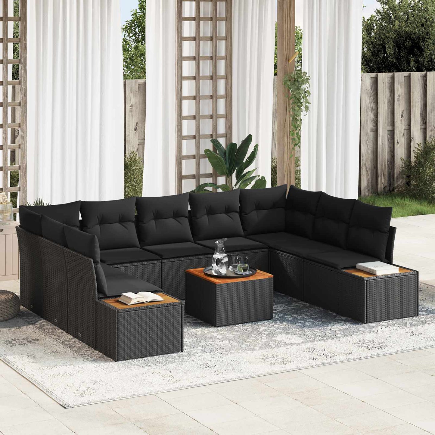 Set Divano da Giardino 5 pz 9-Numero di posti Nero Polyrattan