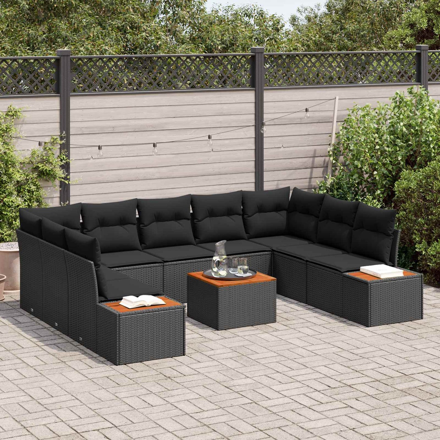 Set Divano da Giardino 5 pz 9-Numero di posti Nero Polyrattan