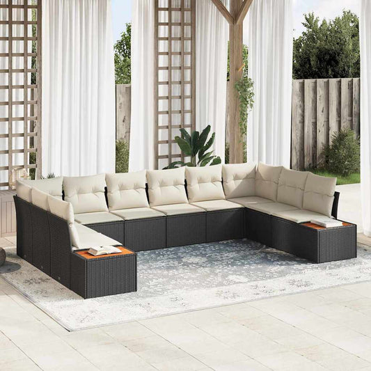Set Divano da Giardino 10 pcs Nero e Crema Polyrattan