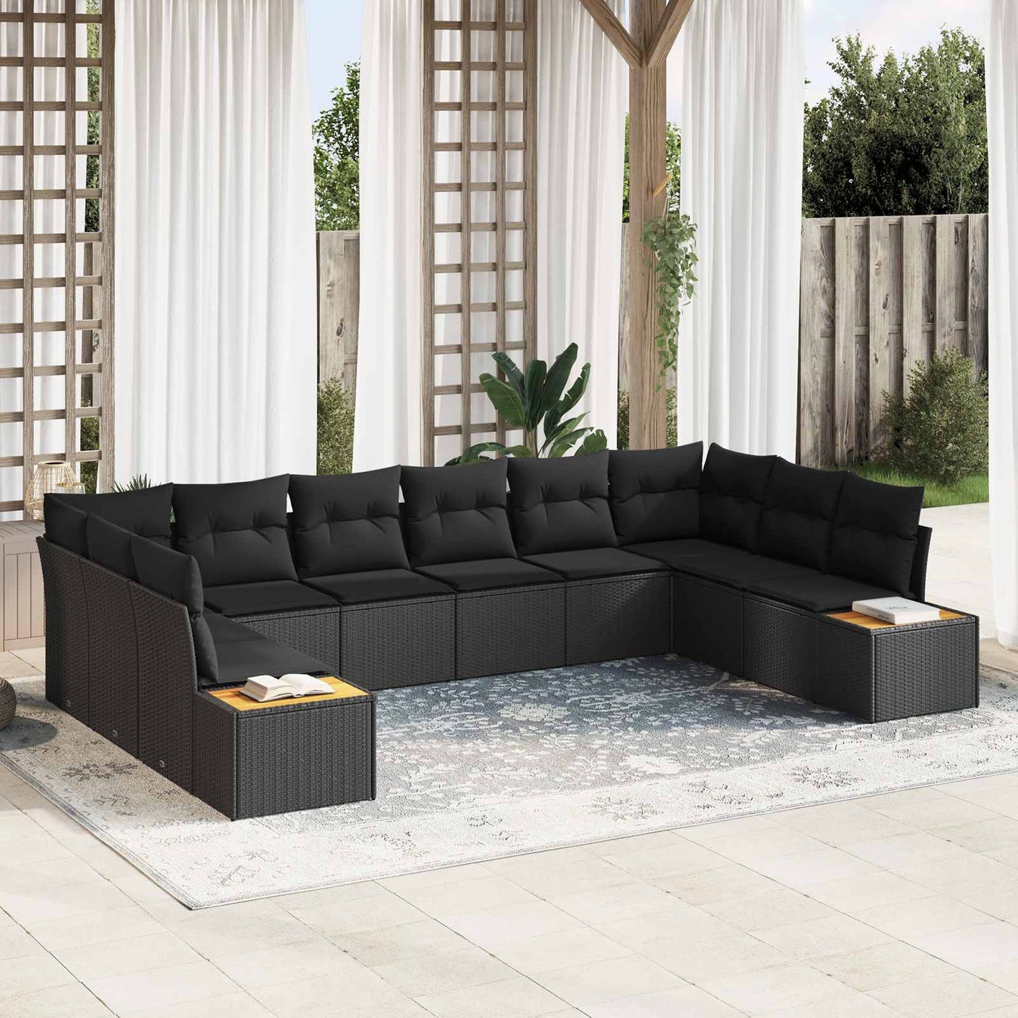 Set Divano da Giardino 10 pz 10-Numero di posti Nero Polyrattan