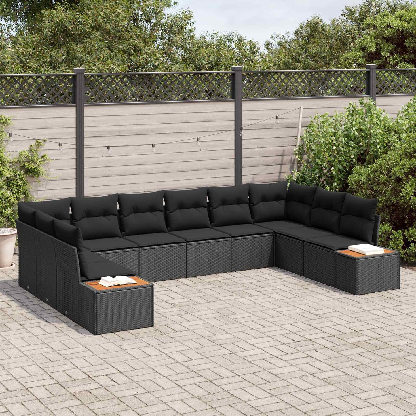 Set Divano da Giardino 10 pz 10-Numero di posti Nero Polyrattan
