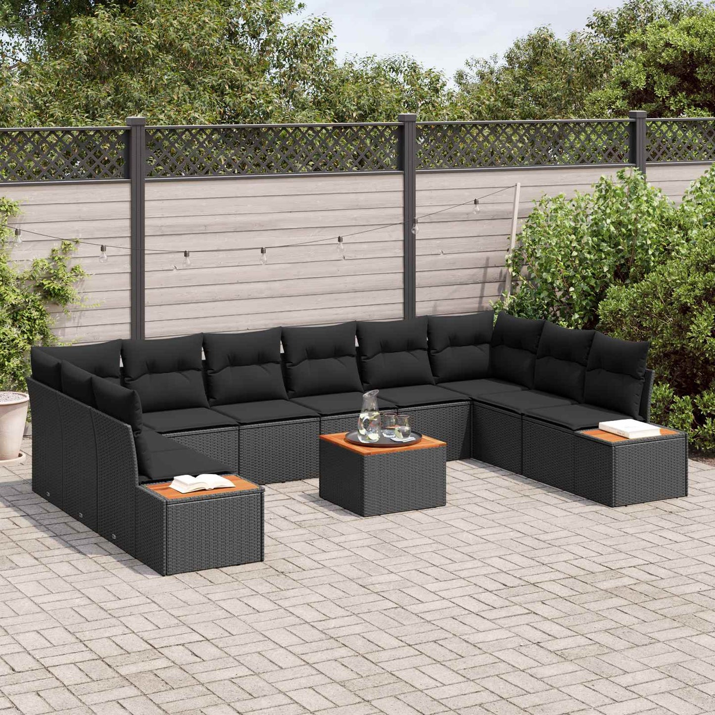 Set Divano da Giardino 10 pz 10-Numero di posti Nero Polyrattan