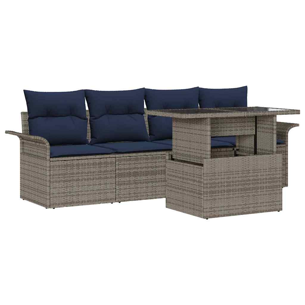 Set Divano da Giardino con cuscino 5 pcs Grigio Poly Rattan | homemem39