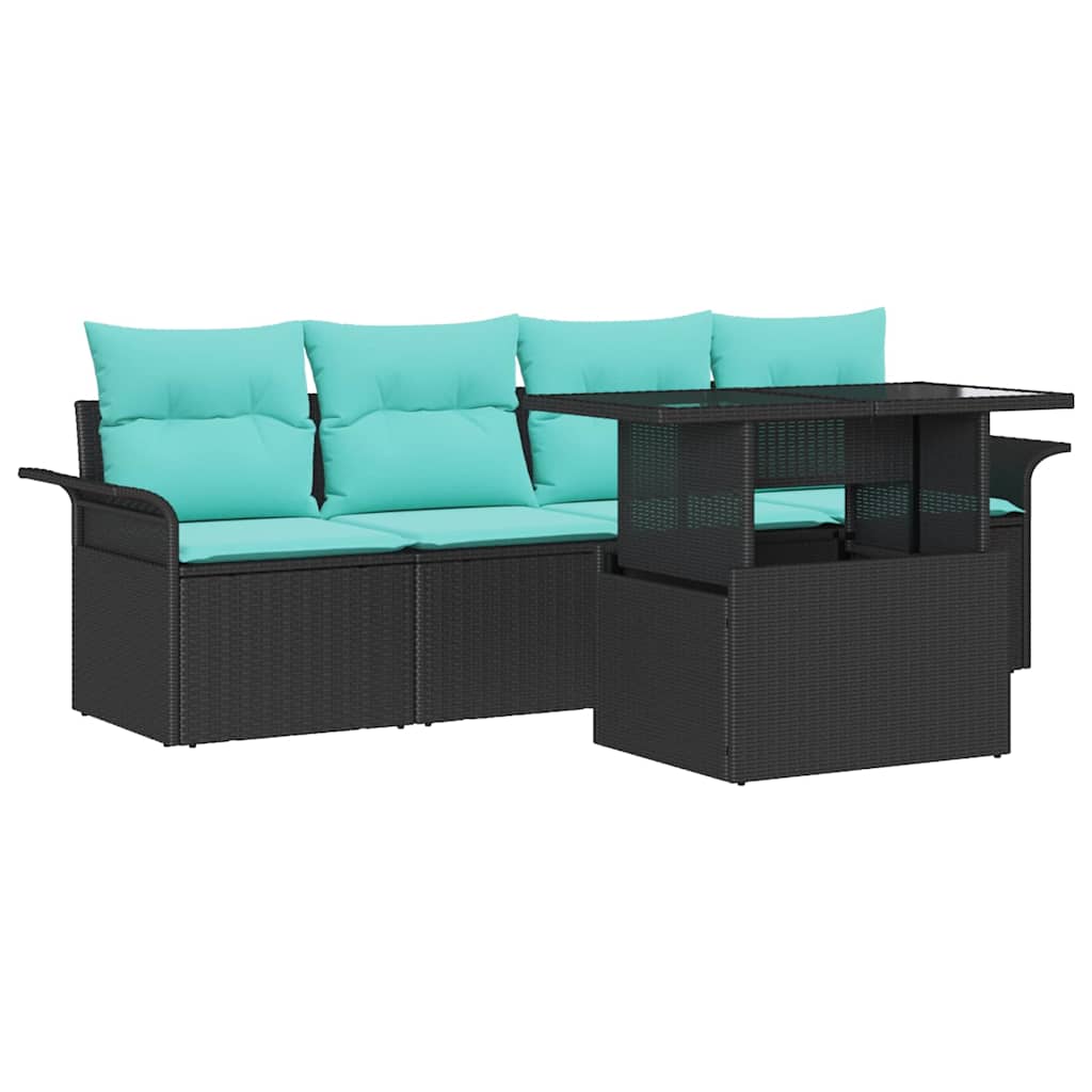 Set Divano da Giardino con cuscino 5 pcs Nero Poly Rattan | homemem39