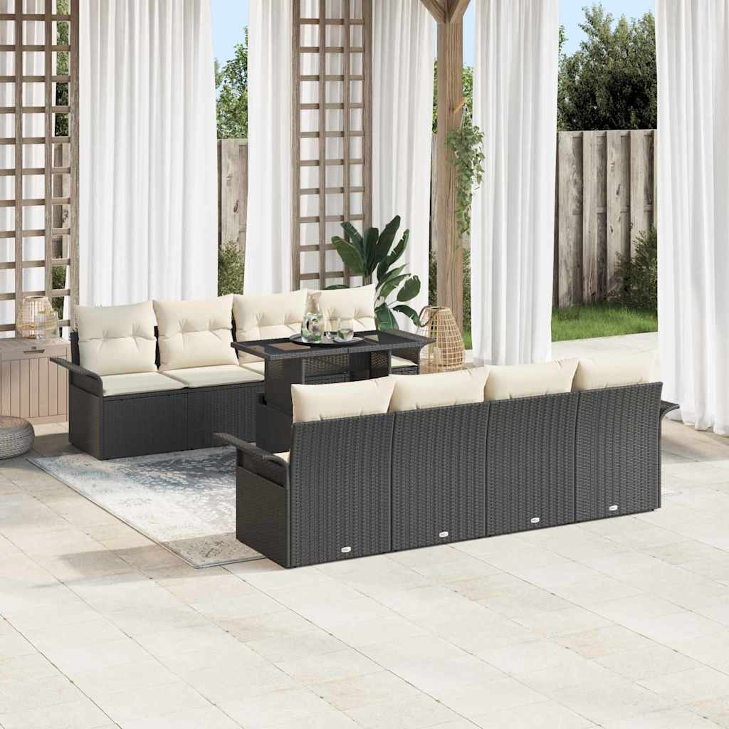 Set Divano da Giardino con cuscino 9 pcs Nero Poly Rattan | homemem39