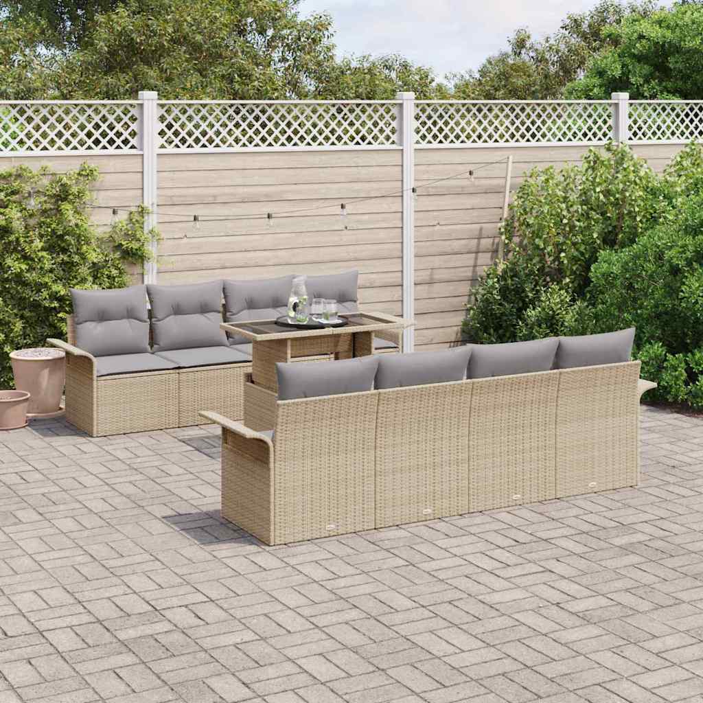 Set Divano da Giardino con cuscino 9 pcs Beige Poly Rattan | homemem39