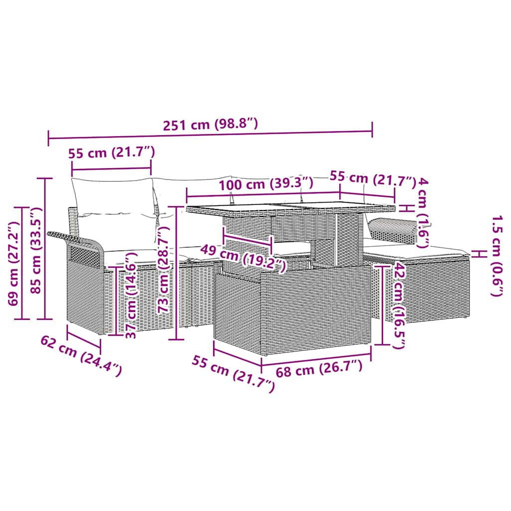 Set Divano da Giardino con cuscino 6 pcs Beige Poly Rattan