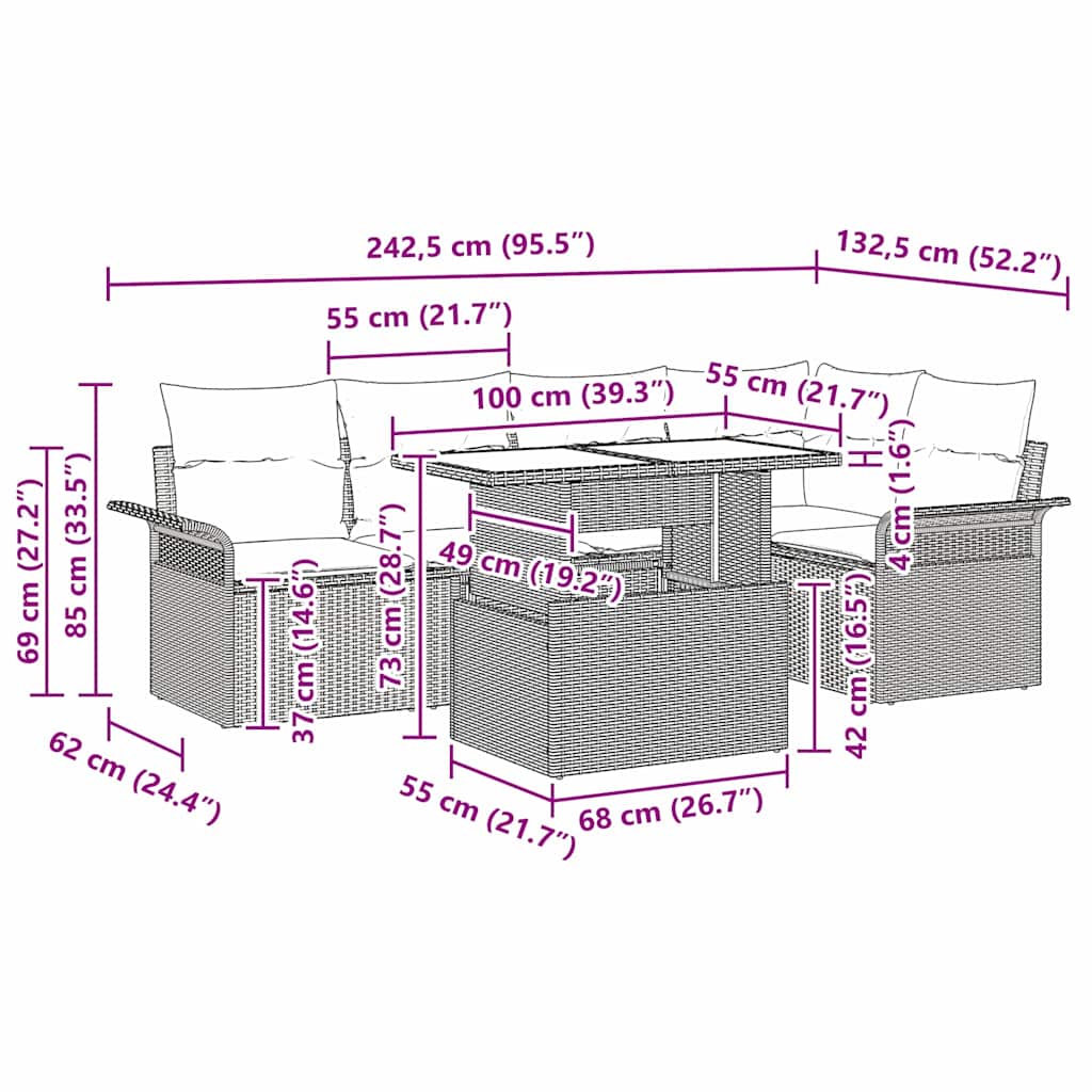 Set Divano da Giardino 6 pcs Grigio chiaro Poly Rattan