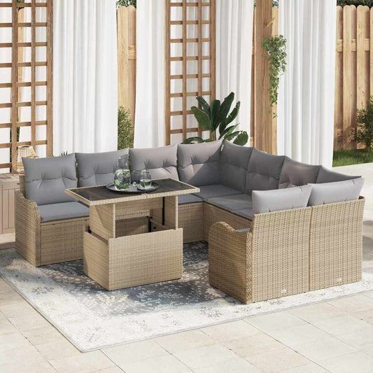 Set Divano da Giardino con cuscino 9 pcs Beige Polyrattan