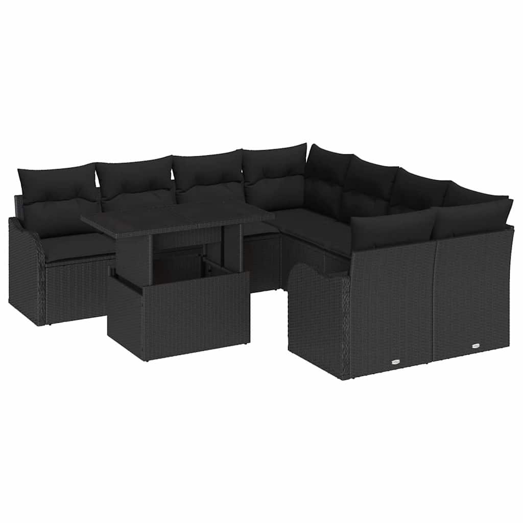 Set Divano da Giardino 9 pz 8-Numero di posti Nero Polyrattan