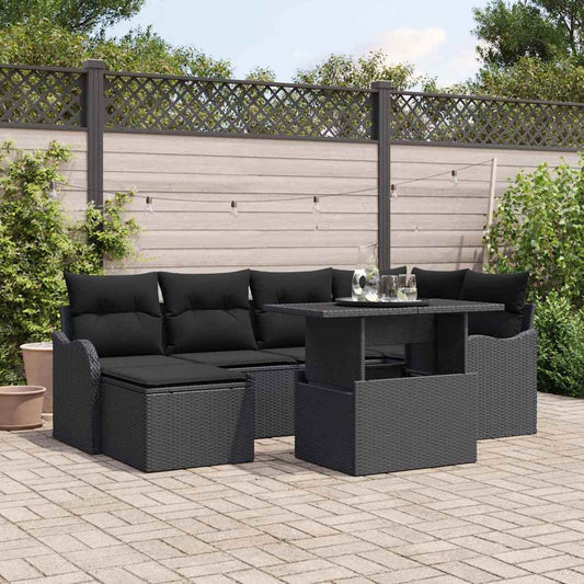 Set Divano da Giardino con cuscino 7 pcs Nero Poly Rattan