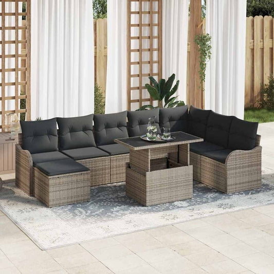 Set Divano da Giardino con cuscino 9 pcs Grigio Poly Rattan