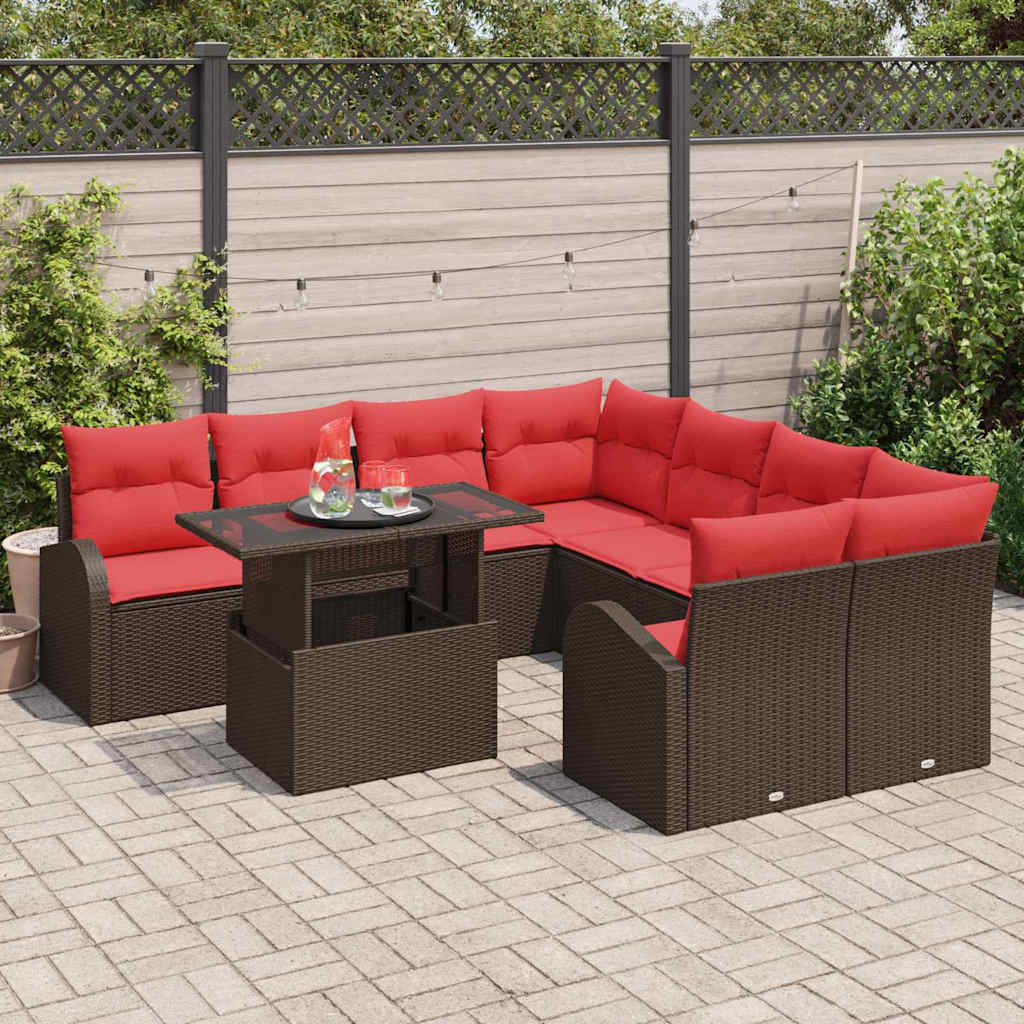 Set Divano da Giardino 9 pcs Marrone Rattan in Polipropilene | homemem39