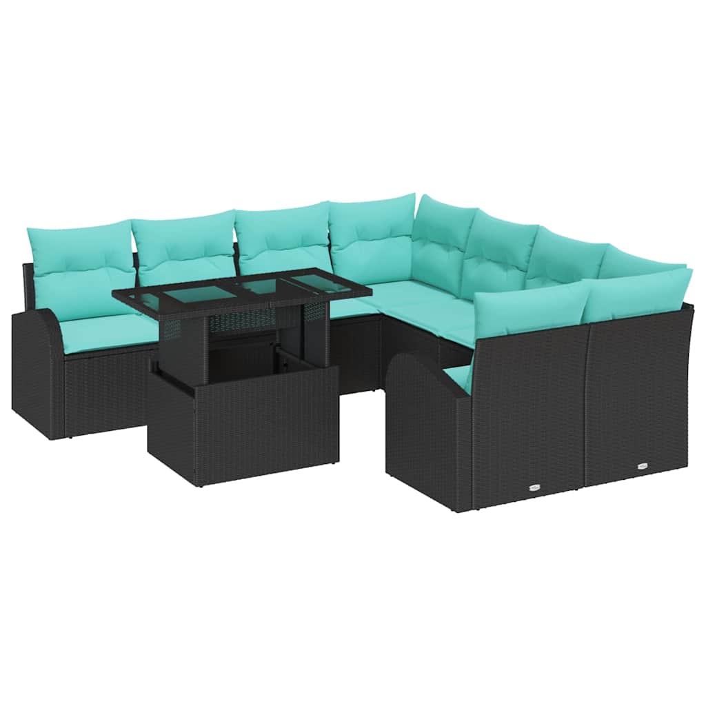 Set Divano da Giardino 9 pcs Nero Rattan in Polipropilene | homemem39