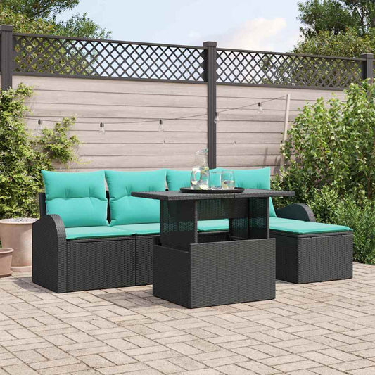 Set Divano da Giardino con cuscino 6 pcs Nero Poly Rattan | homemem39