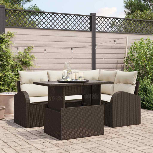 Set Divano da Giardino con cuscino 5 pcs Marrone Poly Rattan