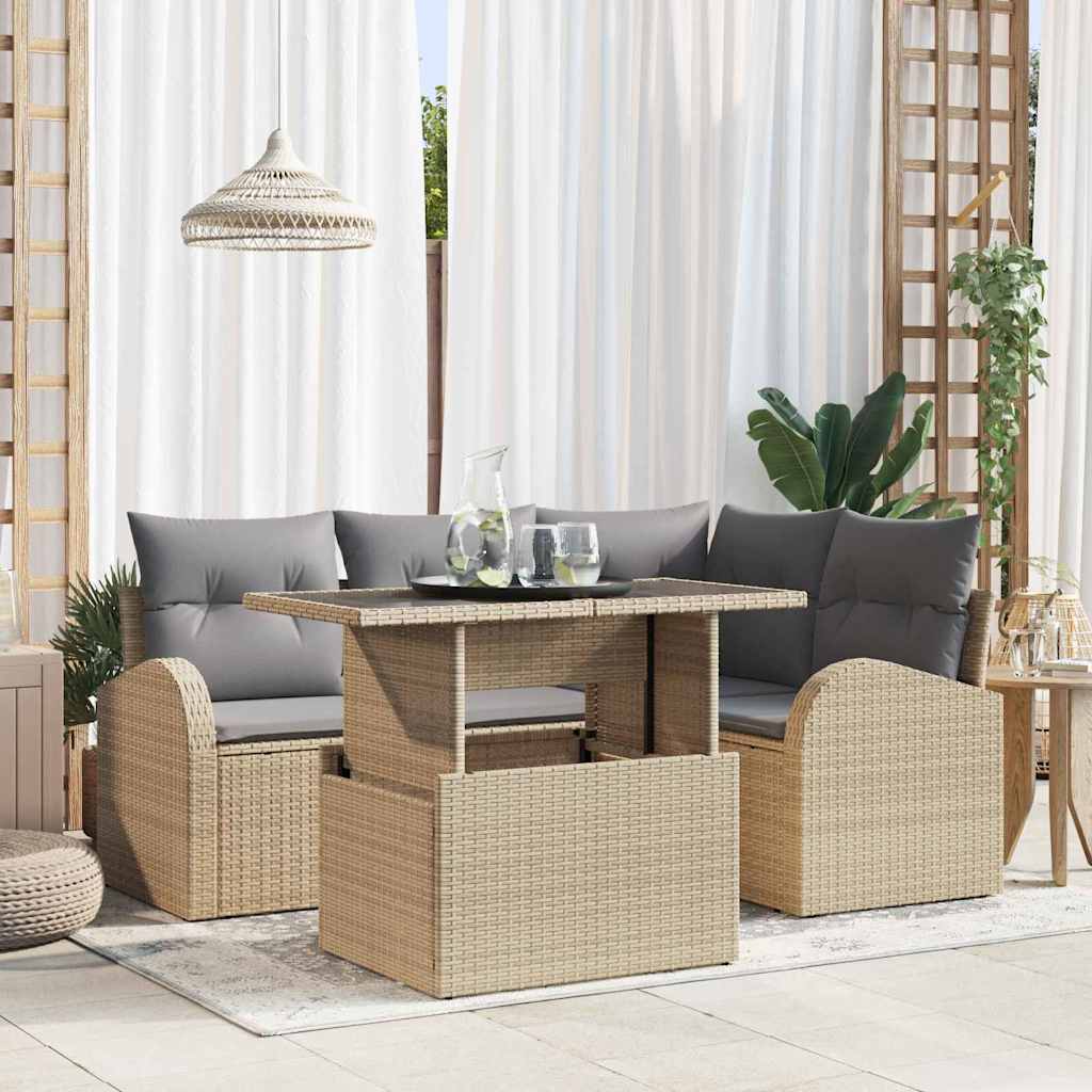 Set Divano da Giardino 5 pz 4-Numero di posti Beige Poly Rattan