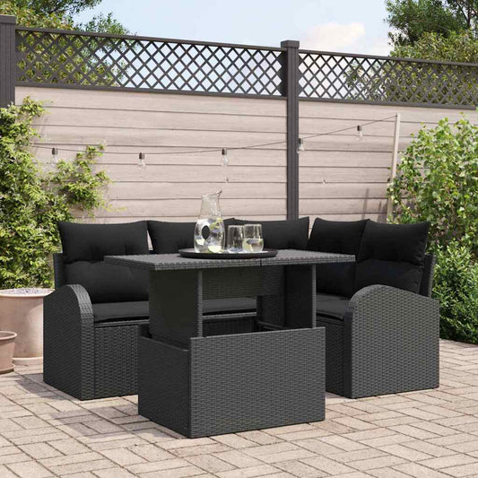 Set Divano da Giardino con cuscino 5 pcs Nero Poly Rattan