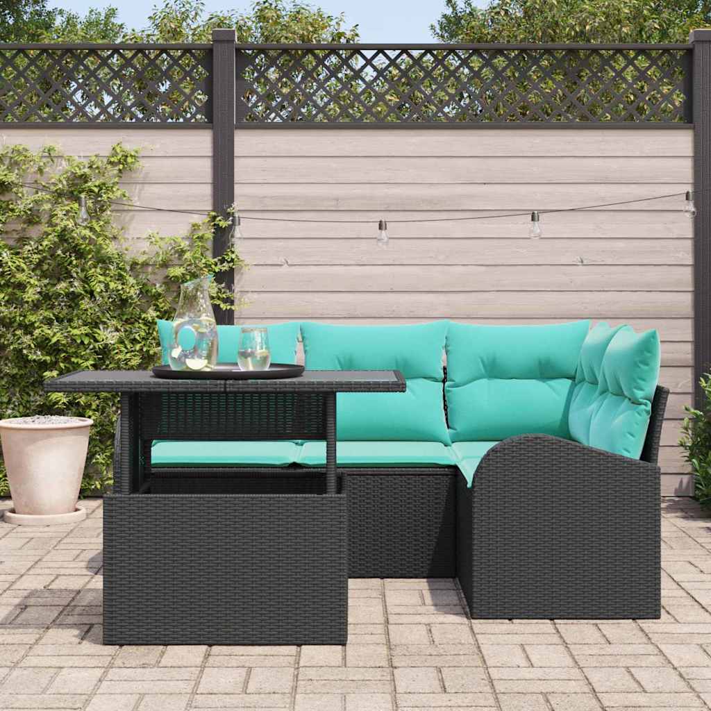 Set Divano da Giardino con cuscino 5 pcs Nero Poly Rattan | homemem39
