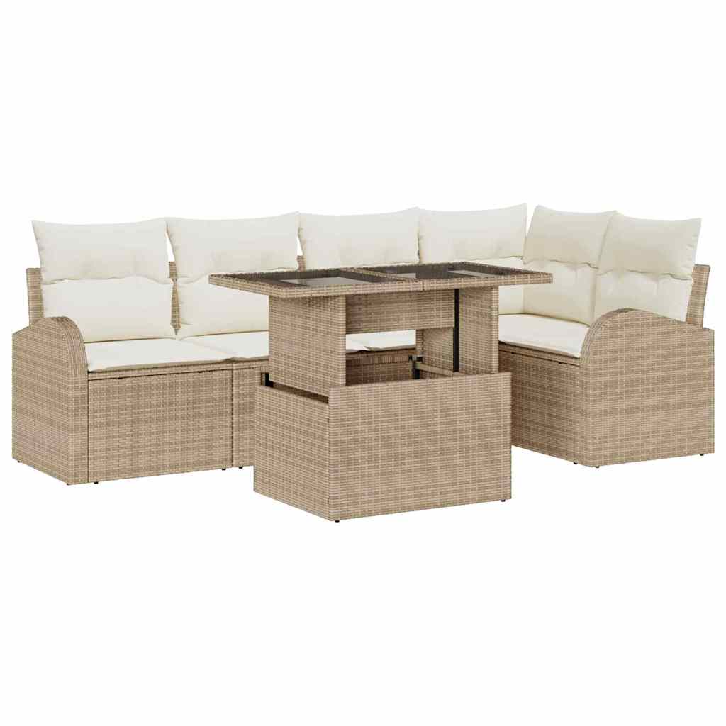 Set Divano da Giardino 6 pz 5-Numero di posti Beige Poly Rattan