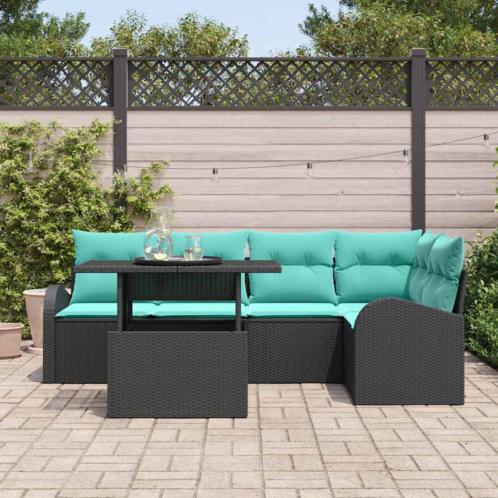 Set Divano da Giardino con cuscino 6 pcs Nero Poly Rattan | homemem39