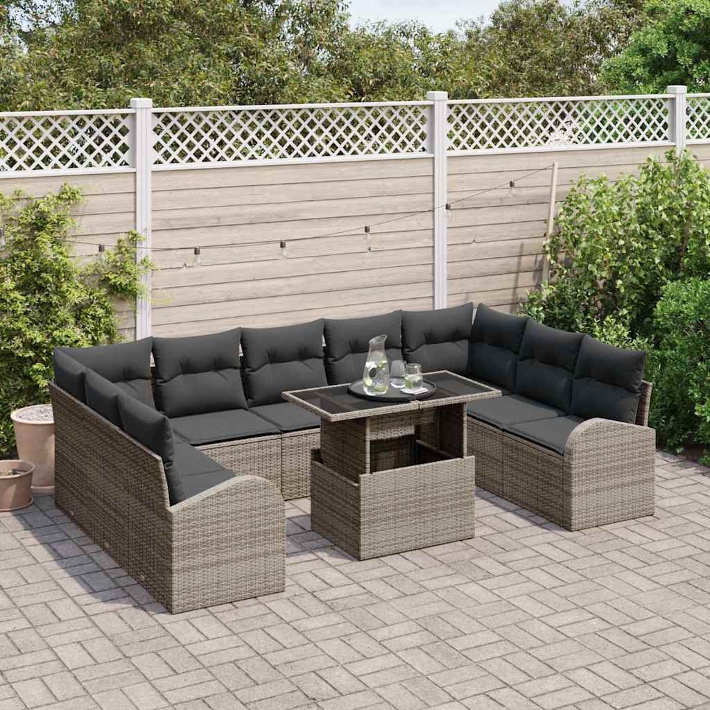 Set Divano da Giardino con cuscino 10 pcs Grigio Poly Rattan | homemem39