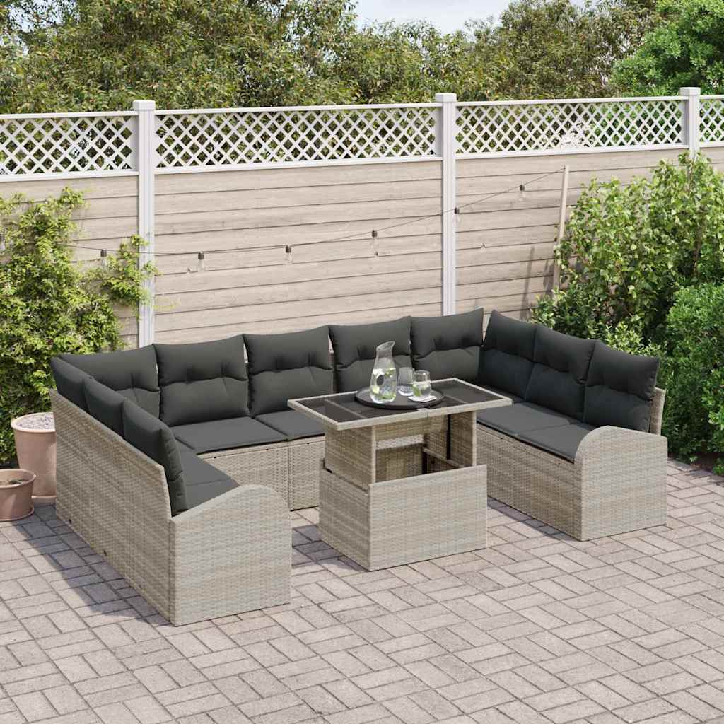 Set Divano da Giardino 10 pcs Grigio chiaro Poly Rattan | homemem39