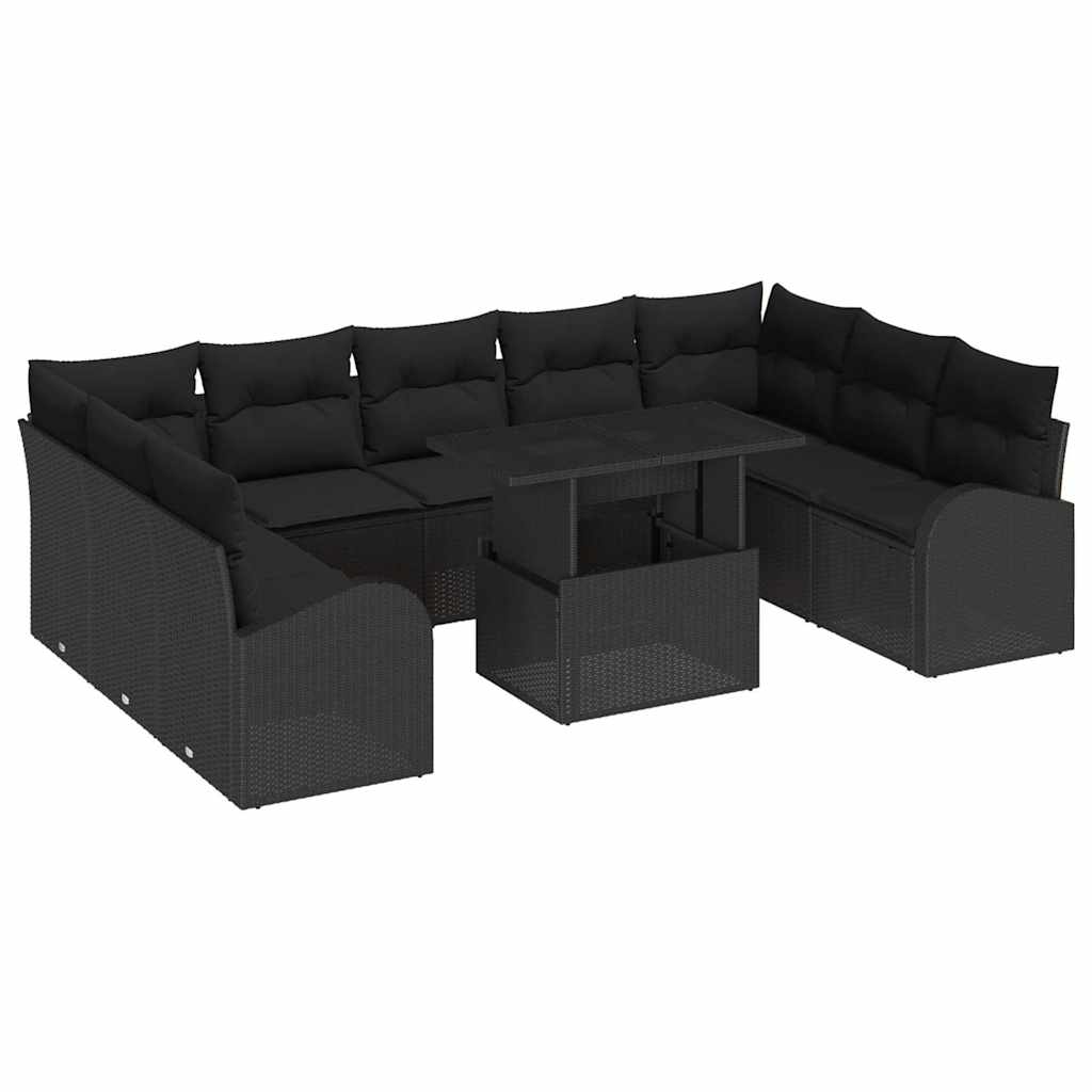 Set Divano da Giardino con cuscino 10 pcs Nero Poly Rattan | homemem39
