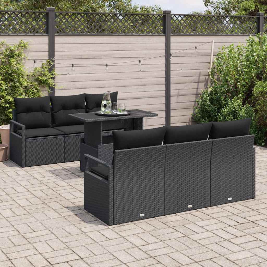 Set Divano da Giardino con cuscino 7 pcs Nero Poly Rattan | homemem39