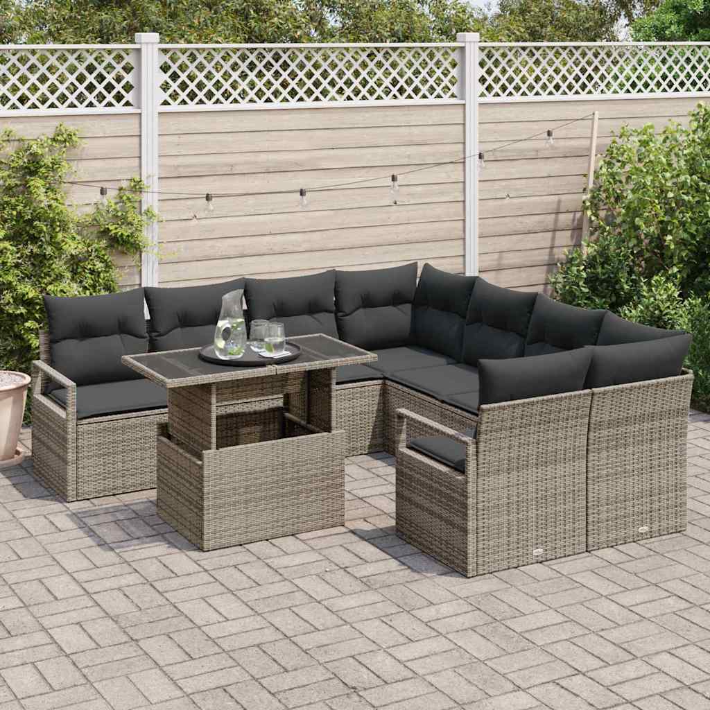 Set Divano da Giardino 9 pcs Grigio Poly Rattan - homemem39