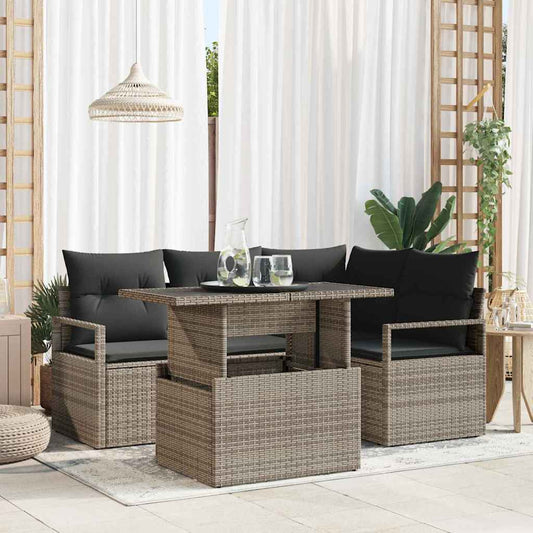 Set Divano da Giardino con cuscino 5 pcs Grigio Poly Rattan