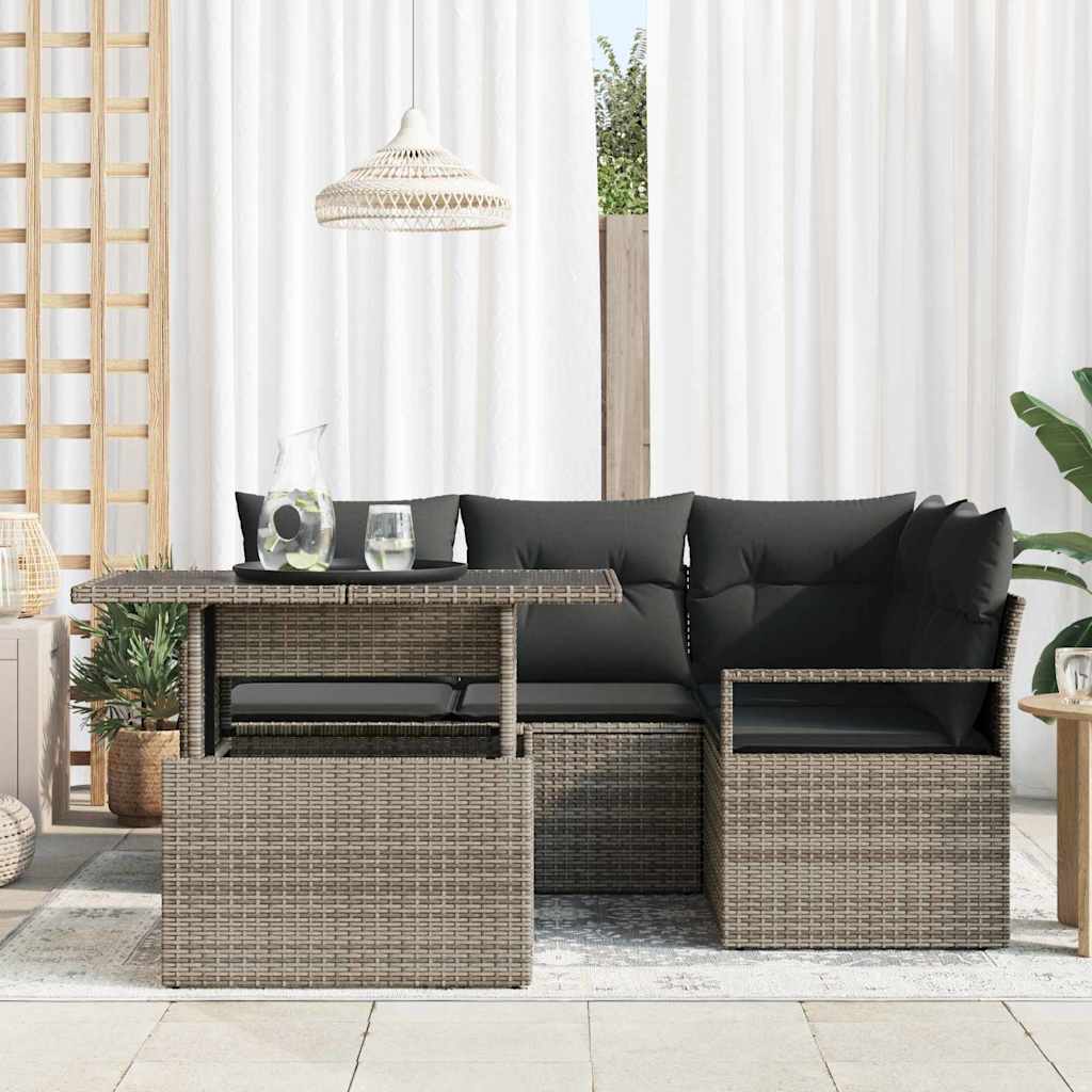 Set Divano da Giardino con cuscino 5 pcs Grigio Poly Rattan