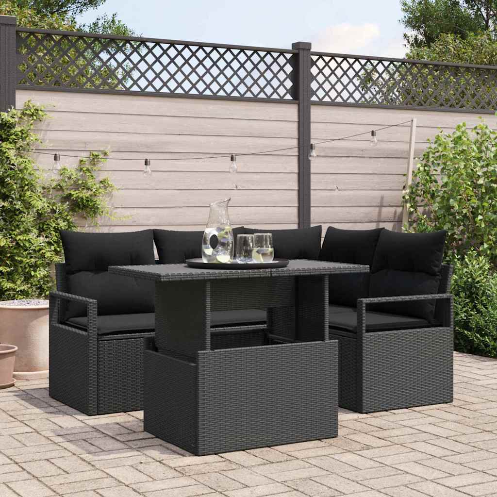 Set Divano da Giardino con cuscino 5 pcs Nero Poly Rattan | homemem39