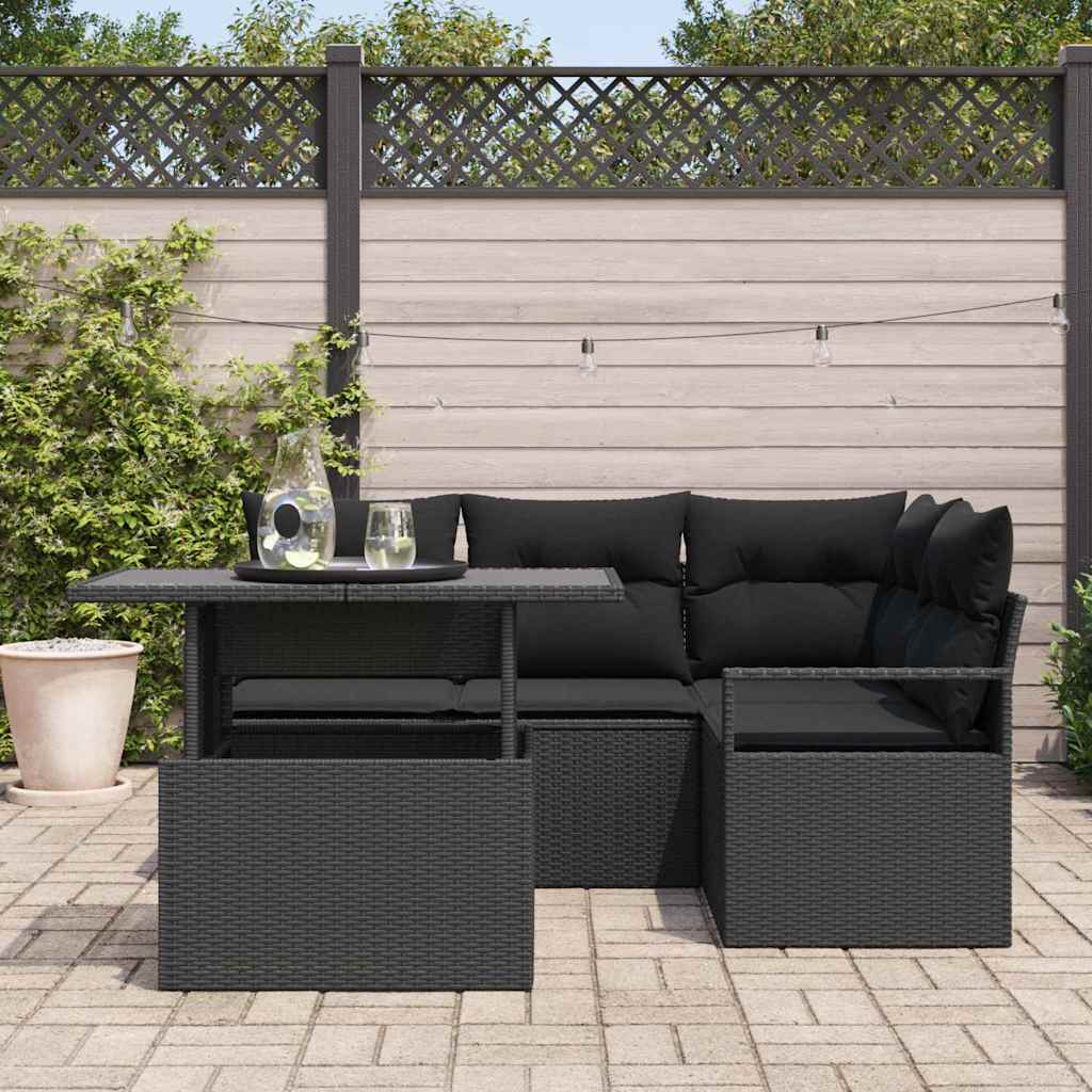 Set Divano da Giardino con cuscino 5 pcs Nero Poly Rattan | homemem39