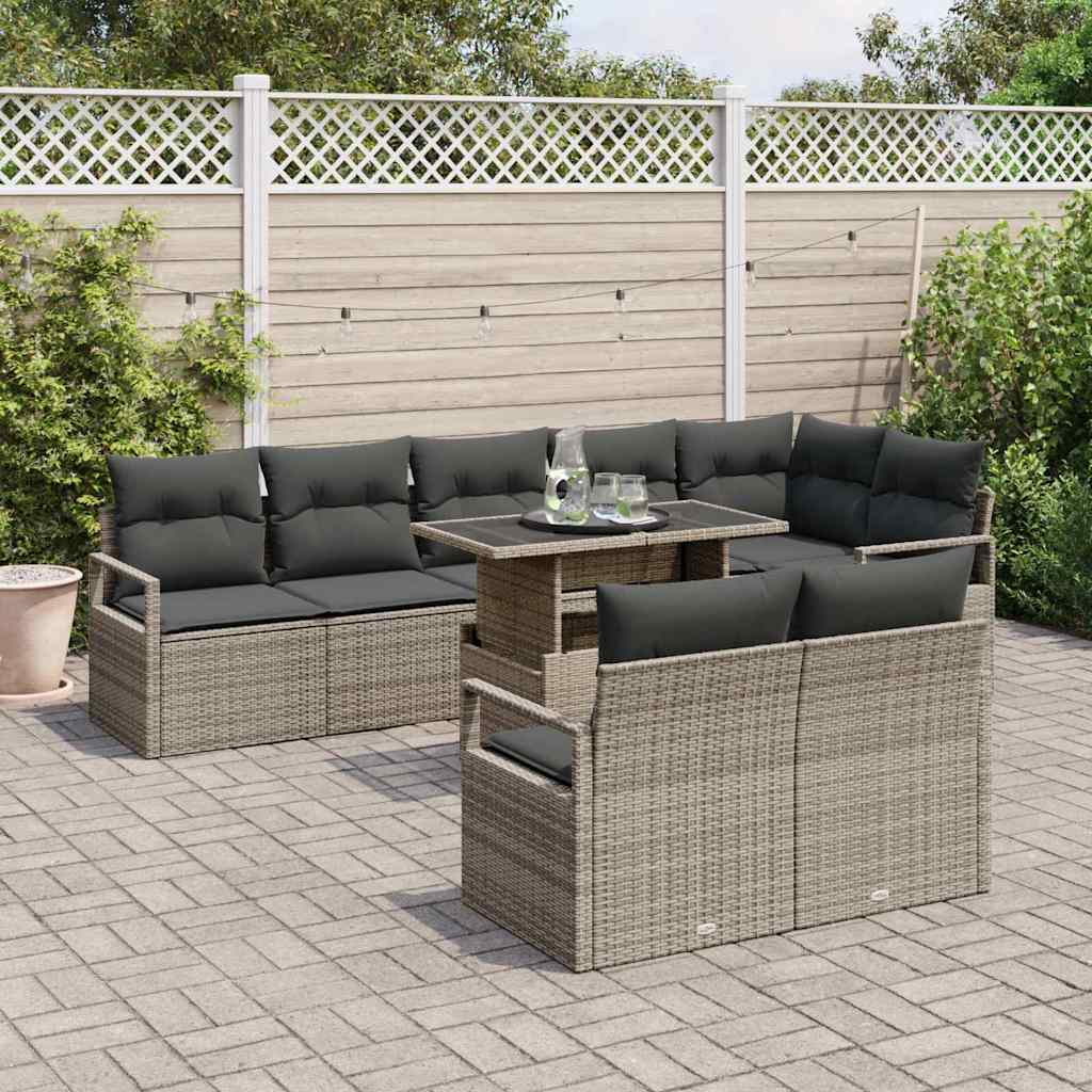 Set Divano da Giardino 9 pcs Grigio Poly Rattan