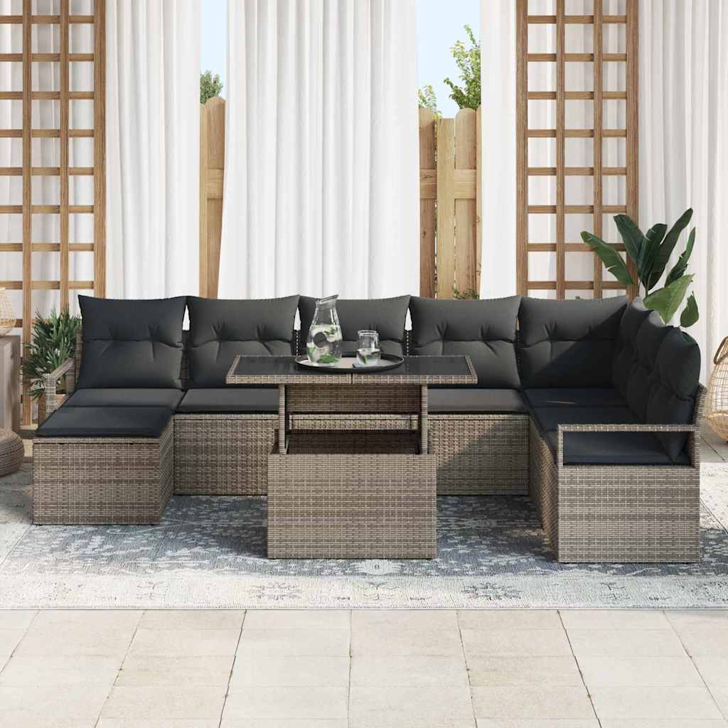 Set Divano da Giardino 9 pcs Grigio Poly Rattan
