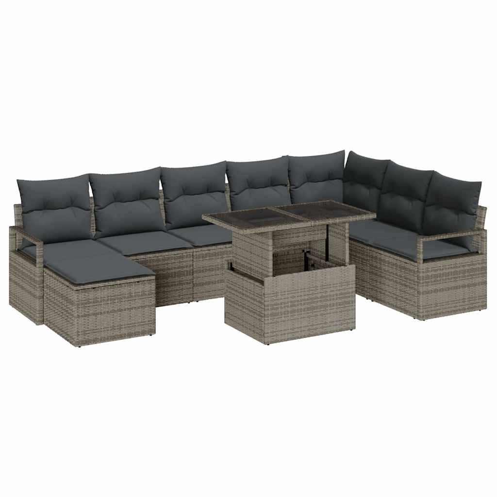 Set Divano da Giardino 9 pcs Grigio Poly Rattan