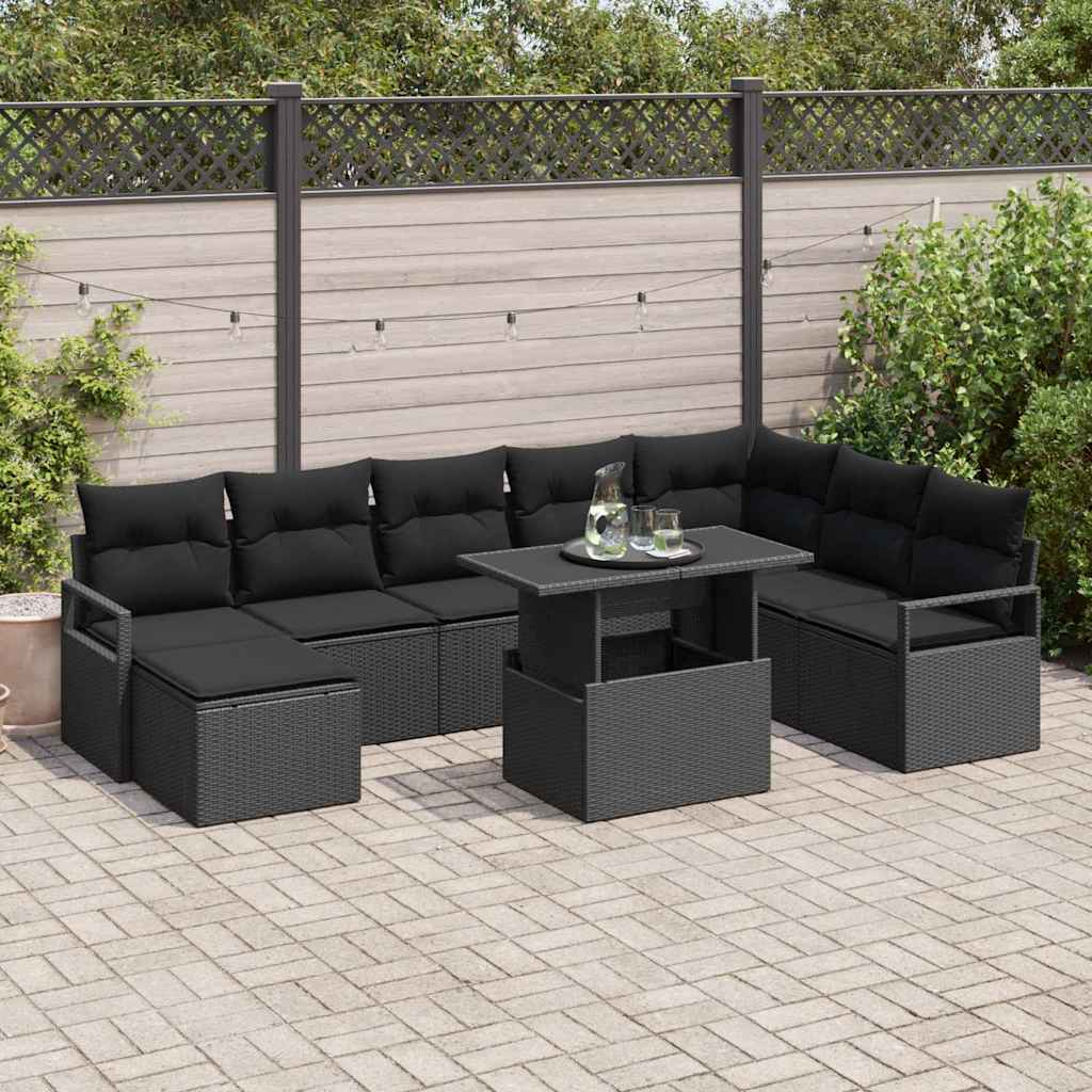 Set Divano da Giardino con archiviazione 9 pcs Nero Poly Rattan | homemem39