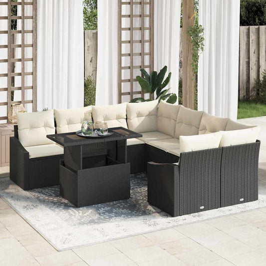 Set Divano da Giardino con archiviazione 9 pcs Nero Poly Rattan - homemem39