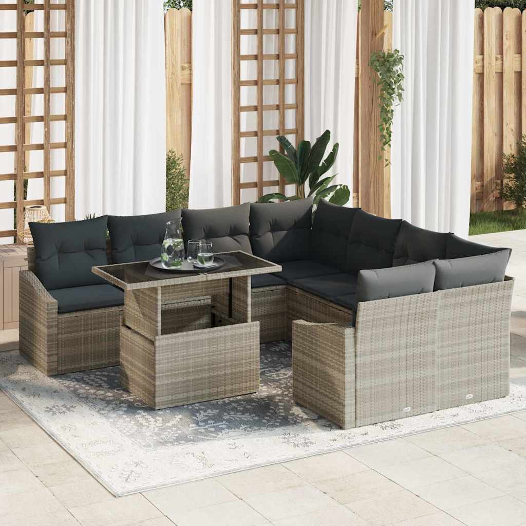 Set Divano da Giardino 9 pcs Grigio chiaro Poly Rattan - homemem39