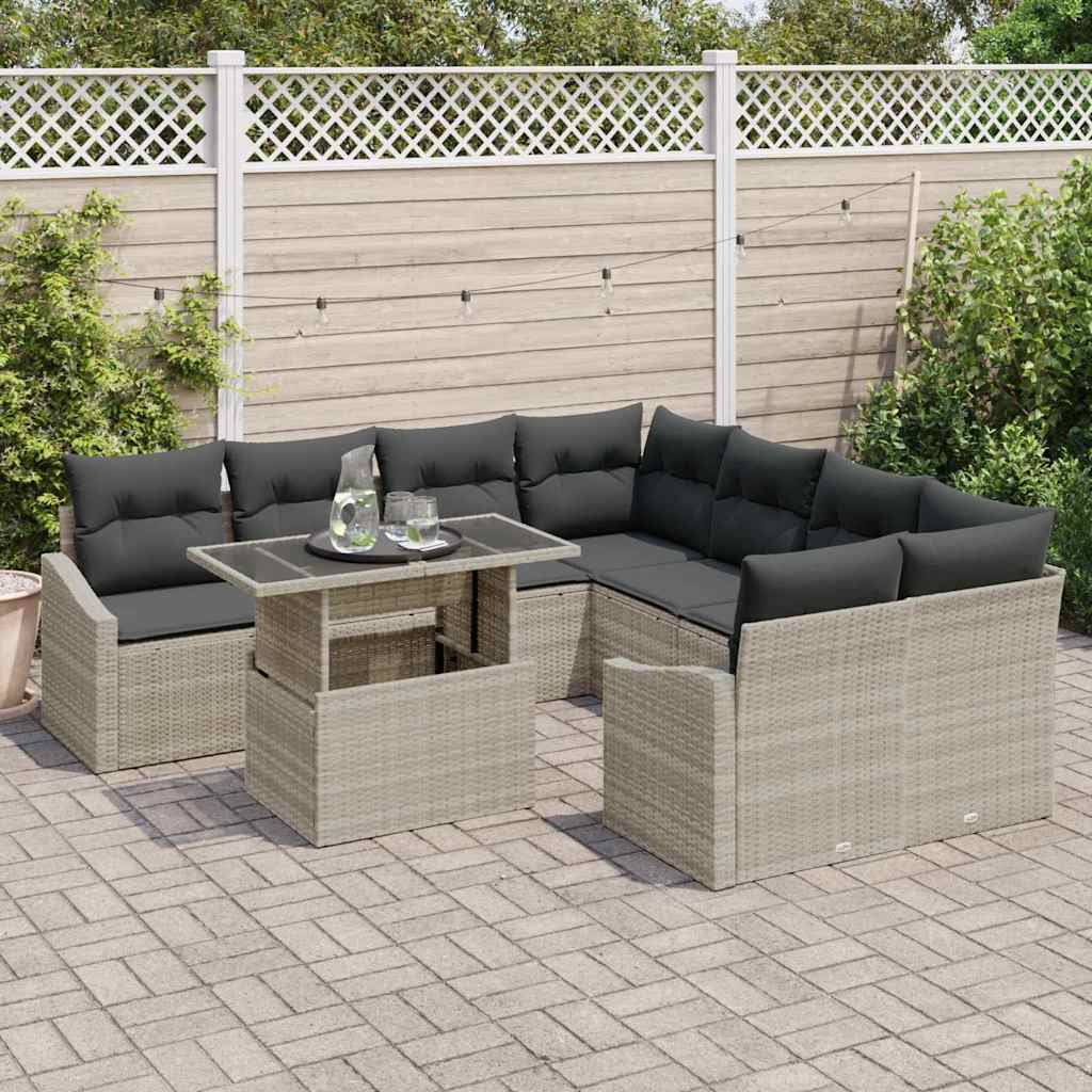 Set Divano da Giardino 9 pcs Grigio chiaro Poly Rattan - homemem39