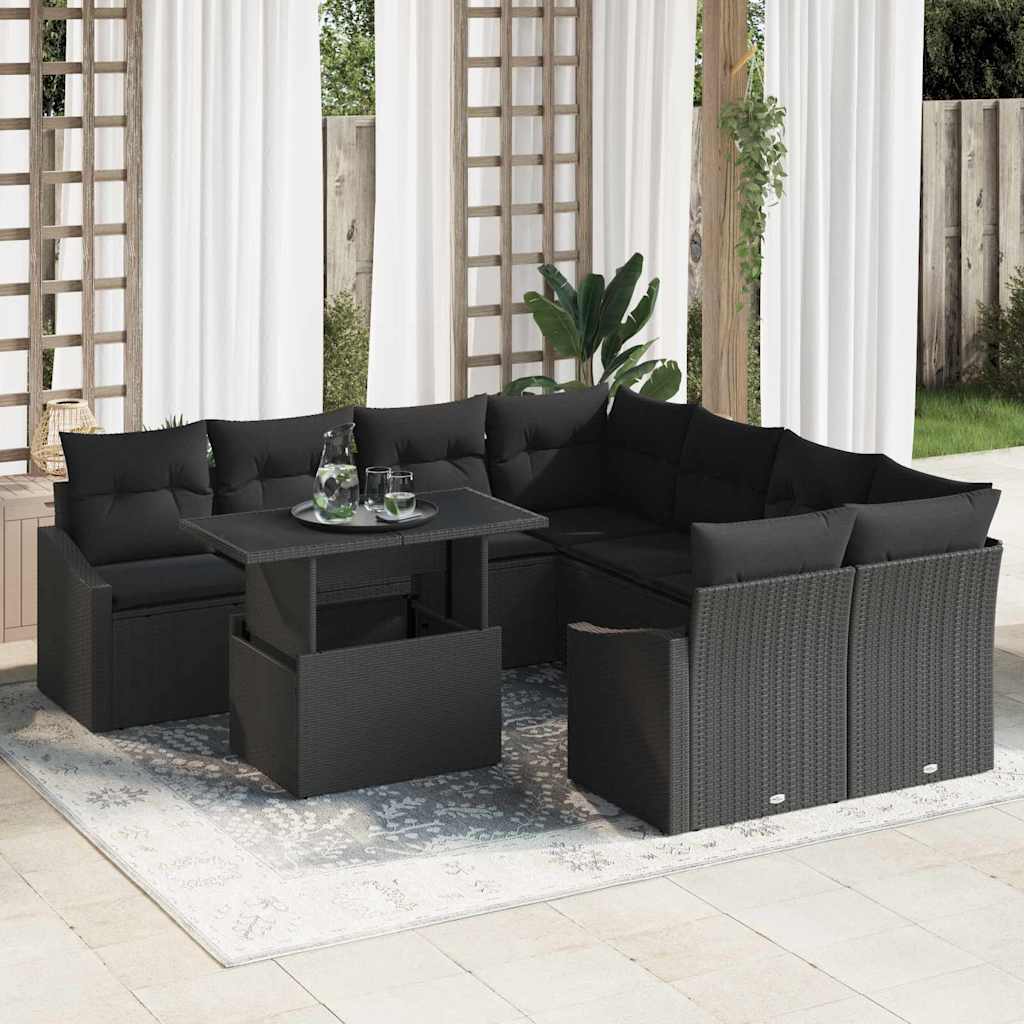 Set Divano da Giardino con archiviazione 9 pcs Nero Poly Rattan - homemem39